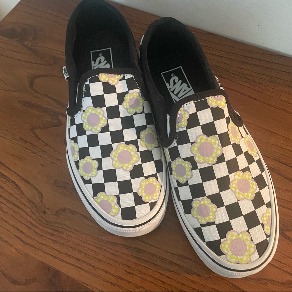 Vans Womens Floral Checkered Slip-On Sneakers - Black, White, and Yellow